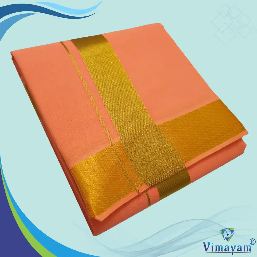 Peach colour dhoti golden zari border - Vimayam Dhoties