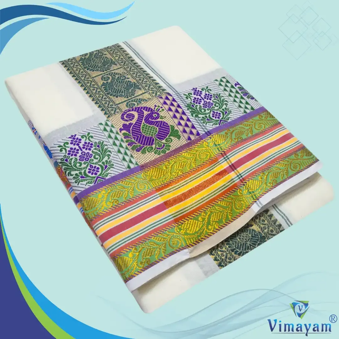 Flower peacock designed multi colour self premium quality  - Vimayam Dhoties