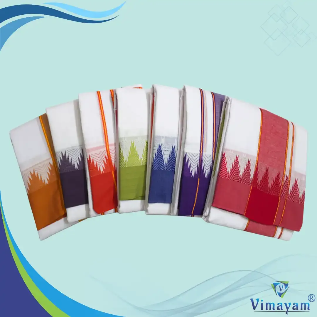 Plain border thalamboo temple border dhoti - Assorted border colours - Vimayam Dhoties