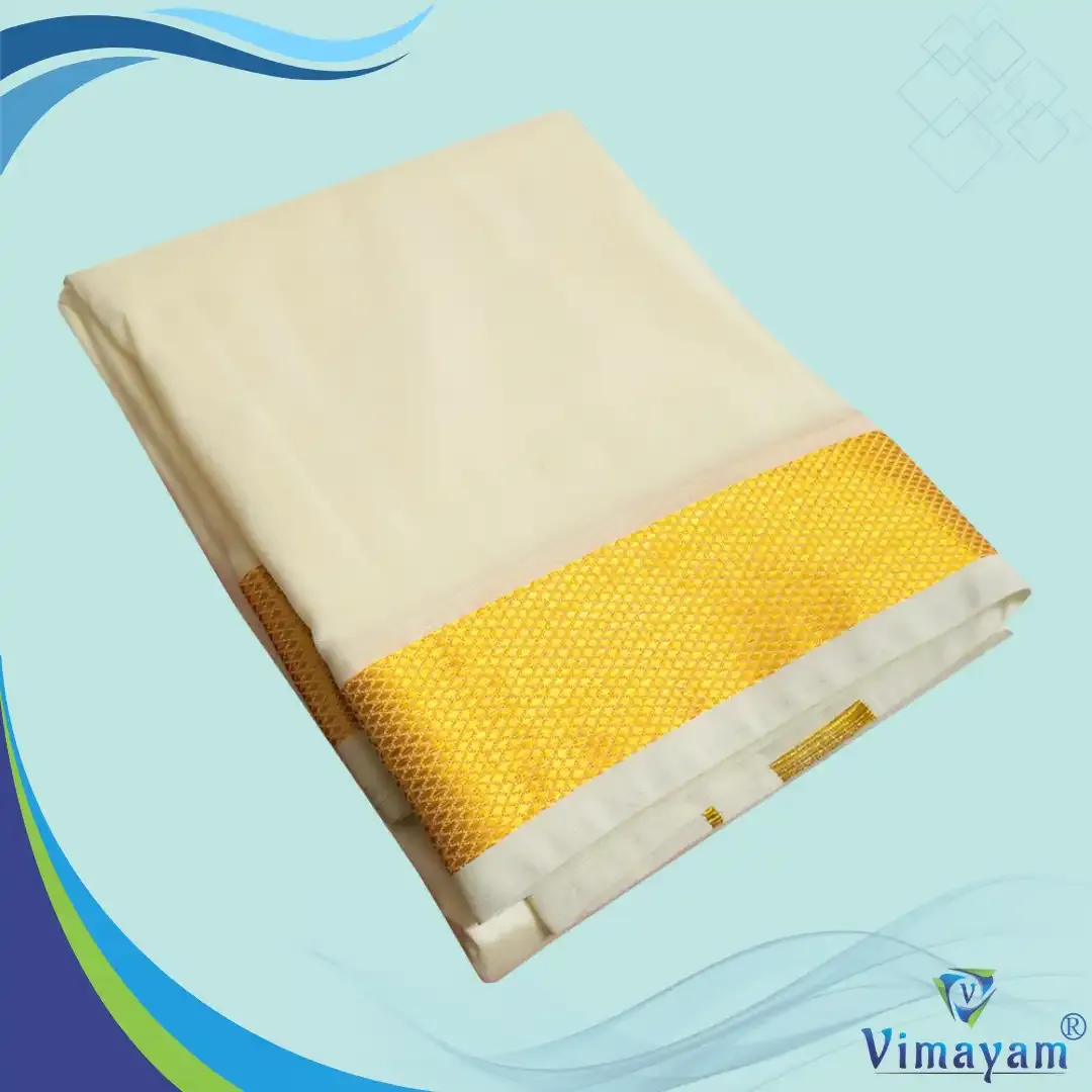 Art silk cream colour silk dhoti with golden zari border - 2 inch zari - Vimayam Dhoties