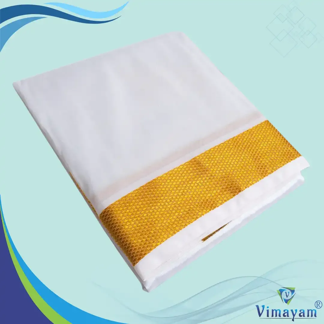 Art silk white colour silk dhoti with golden zari border - 2 inch zari - Vimayam Dhoties