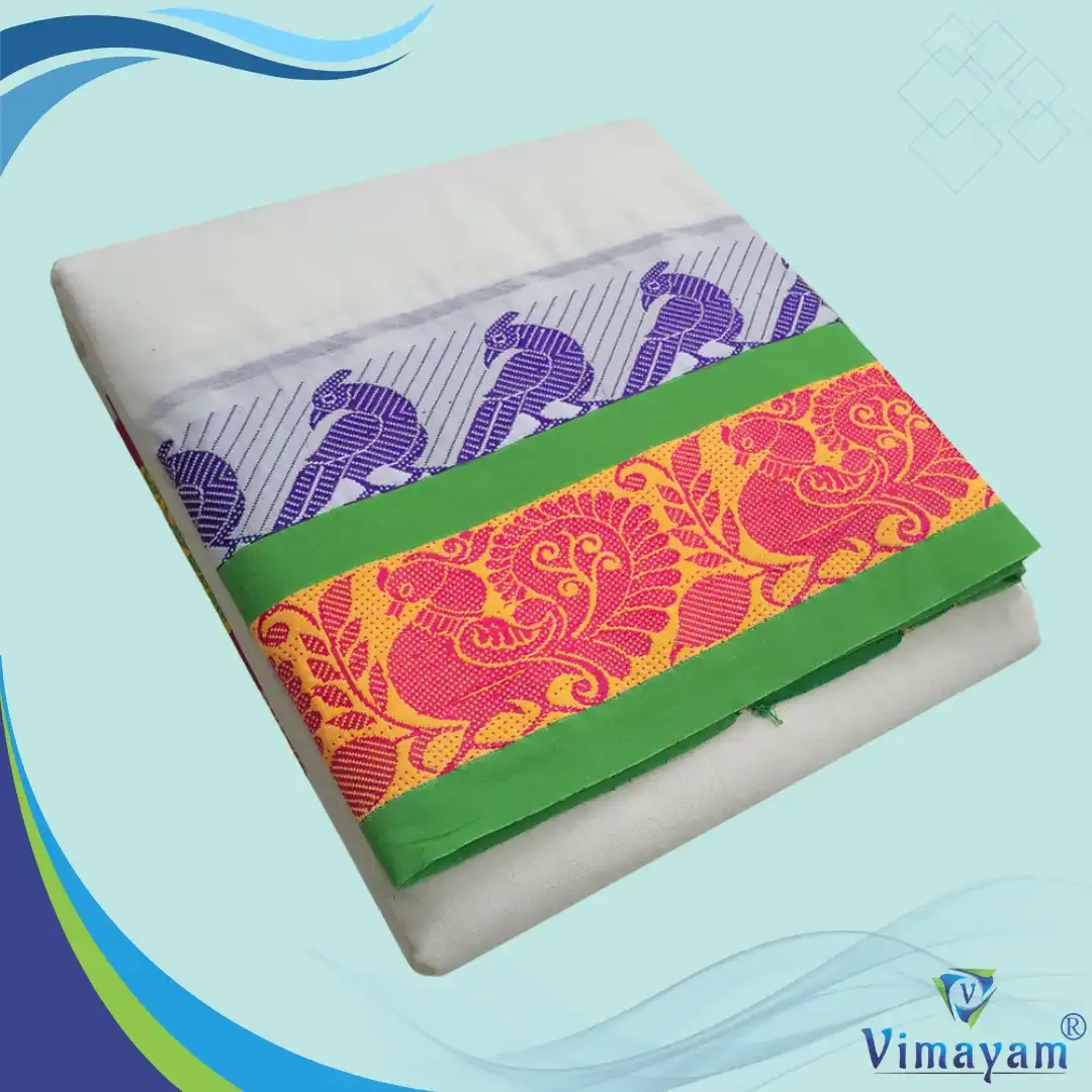 Dual peacock tower designed premium quality dhoti - Assorted border colours – Vimayam Dhotis