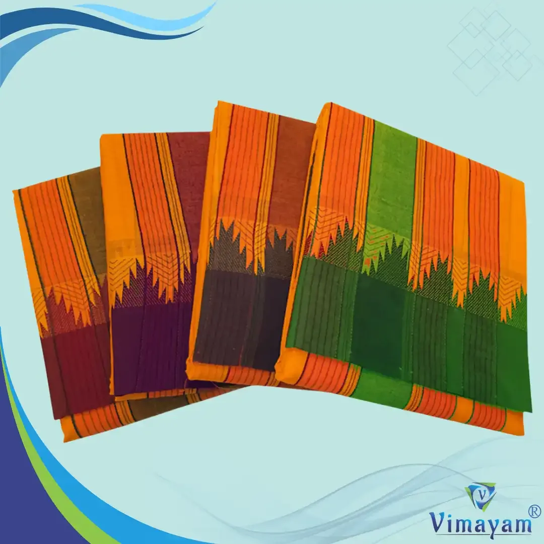 Golden mango Temple border premium quality vaishnava dhoti - Assorted Border Colours - Vimayam Dhoties