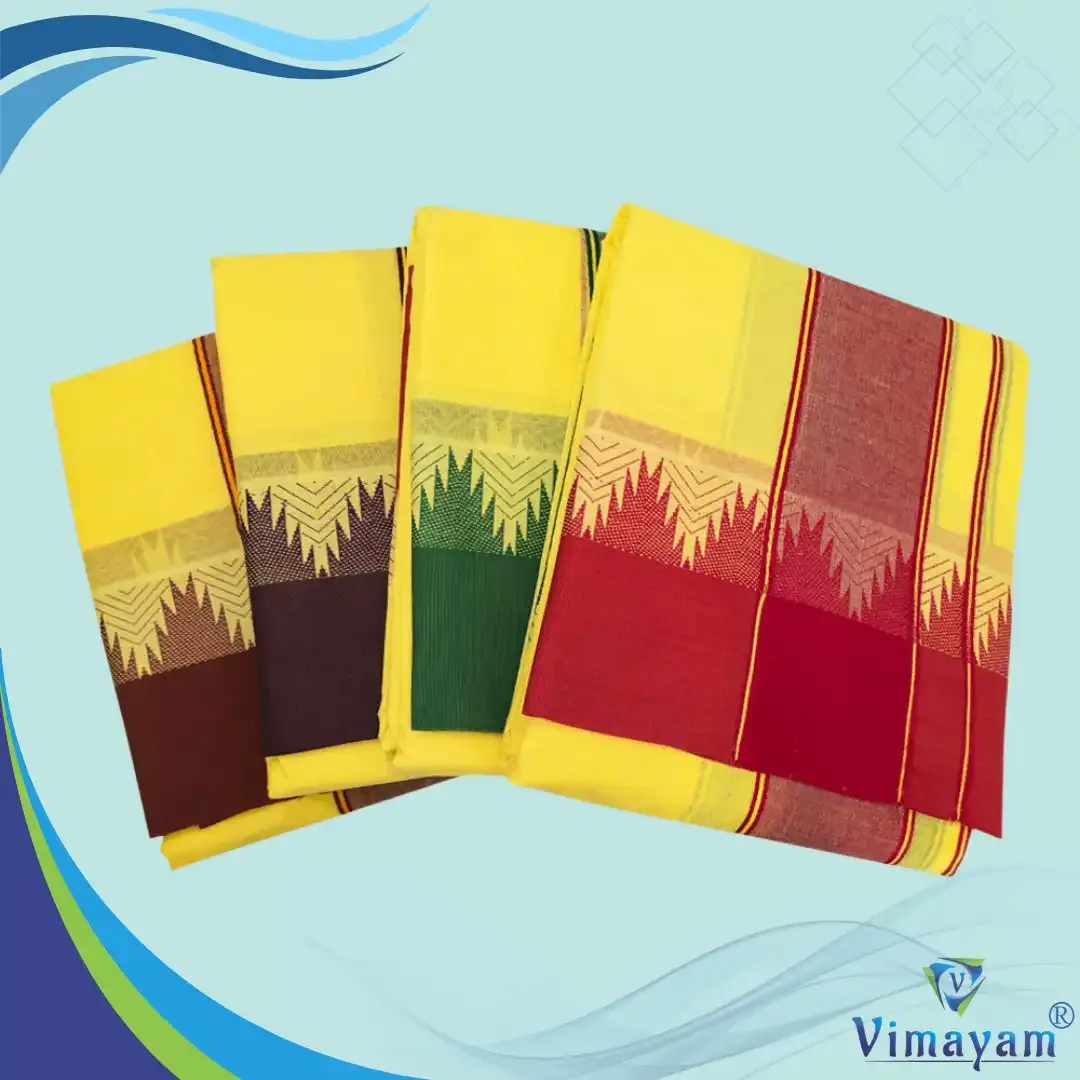 Yellow Colour Temple border premium quality dhoti - Assorted border colours – COLOUR DHOTIES | New Arrival | Vimayam Dhotis