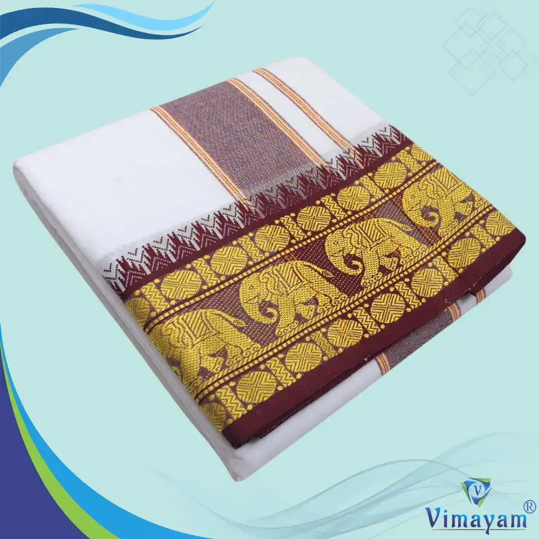 Green and maroon 6 inch border dhoti - Assorted border designs - Vimayam Dhoties