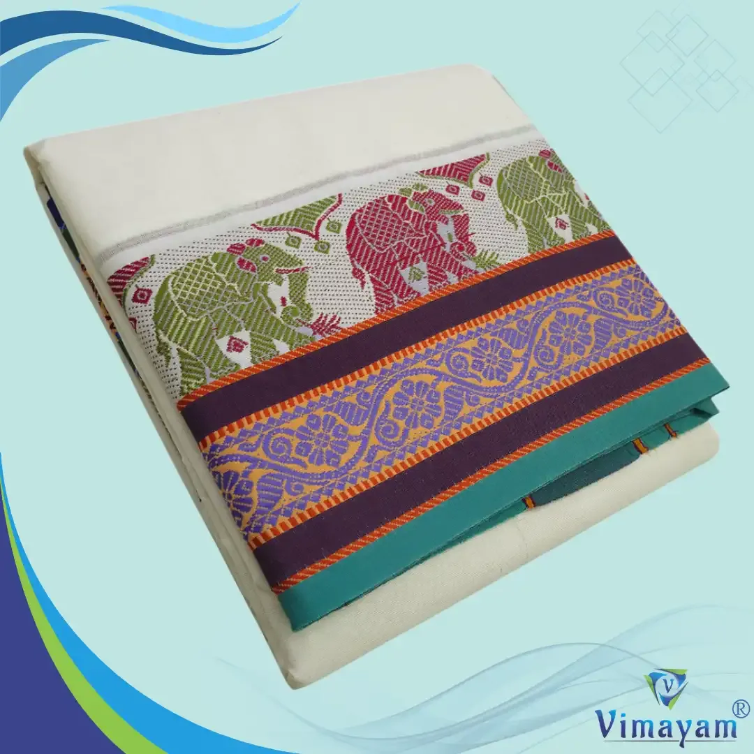 Dual colour elephant designed premium quality dhoti - Assorted border colours - Vimayam Dhoties
