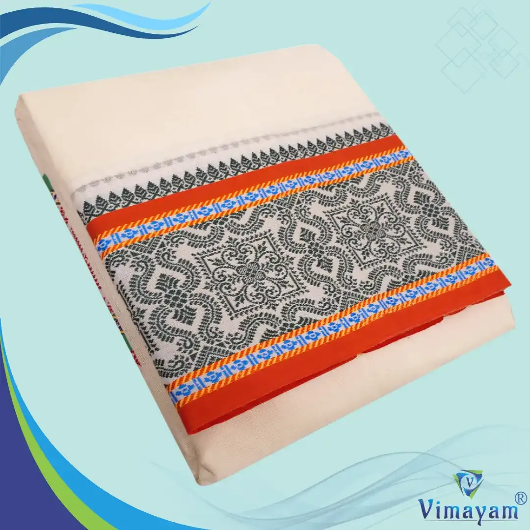 Square flower designed premium quality dhoti - Assorted border colours – Vimayam Dhotis