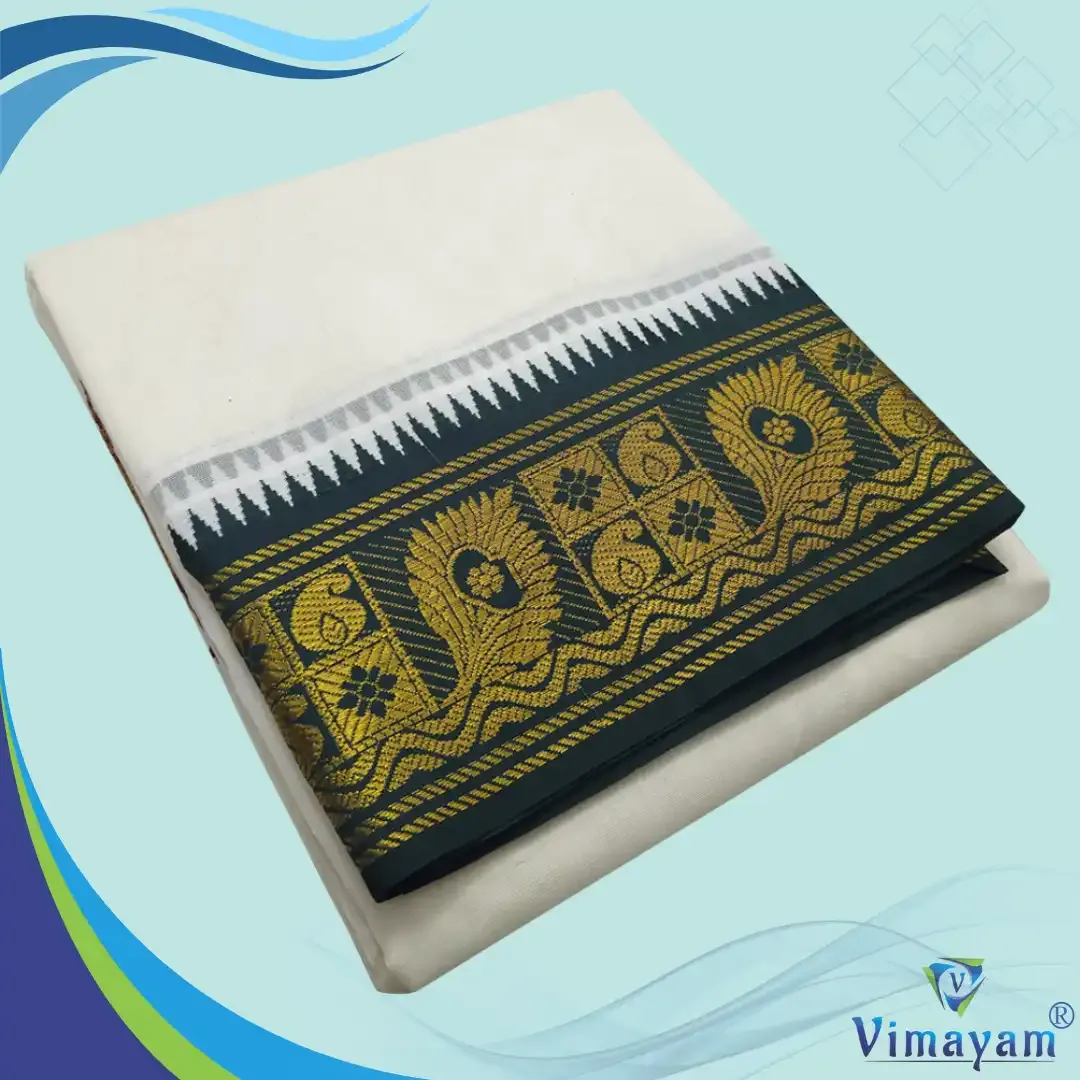  Green and contrast border premium quality dhoti 5 inch border - Assorted border designs - Vimayam Dhoties