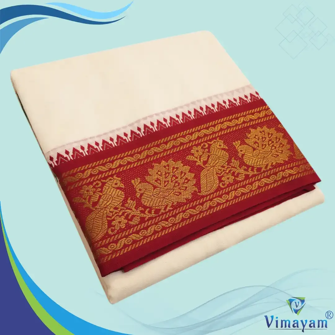  Red and contrast border premium quality dhoti 5 inch border- Assorted border designs - Vimayam Dhoties