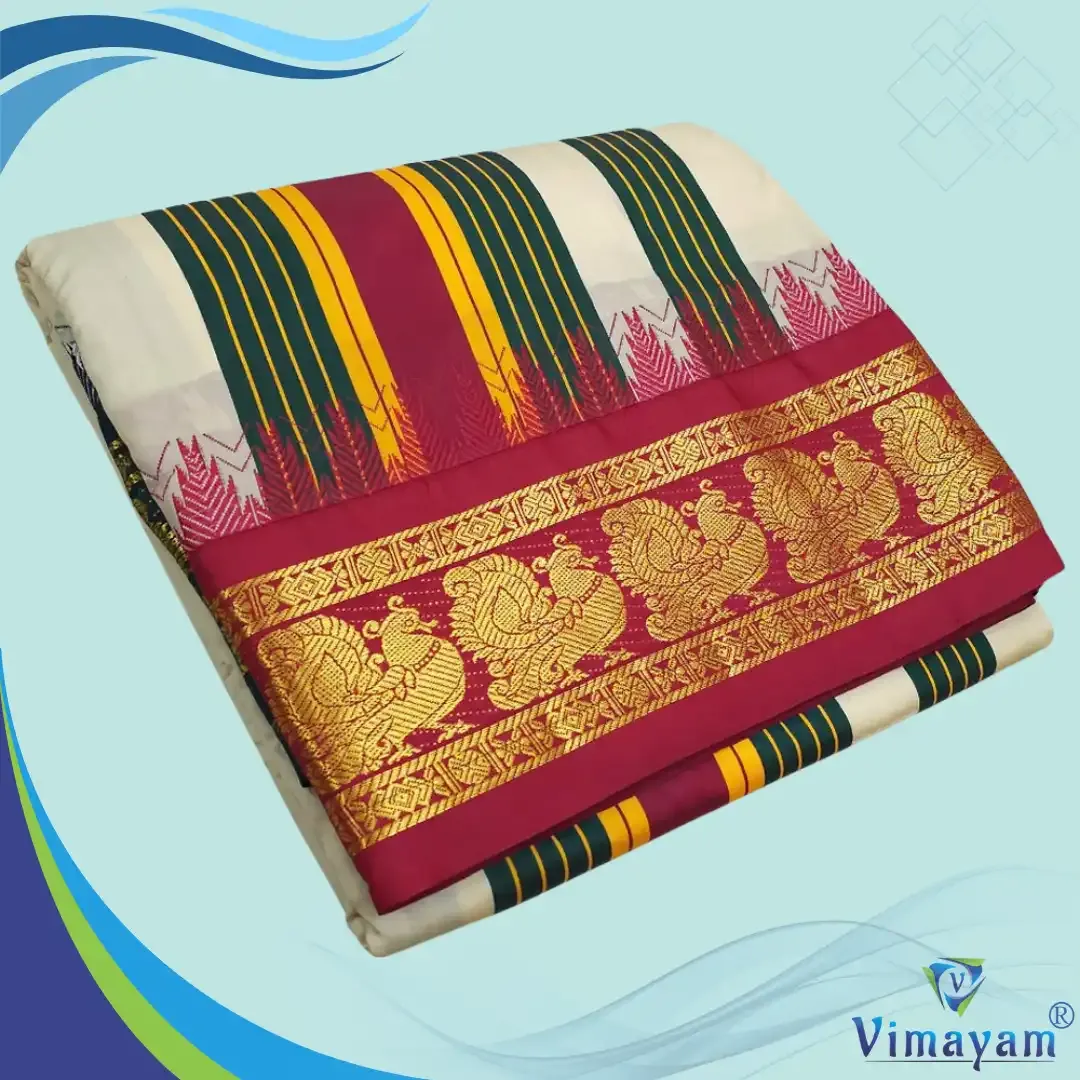 Tirupathi vasthiram 24X12 melchat - Ivory(Assorted Border designs) - Vimayam Dhoties