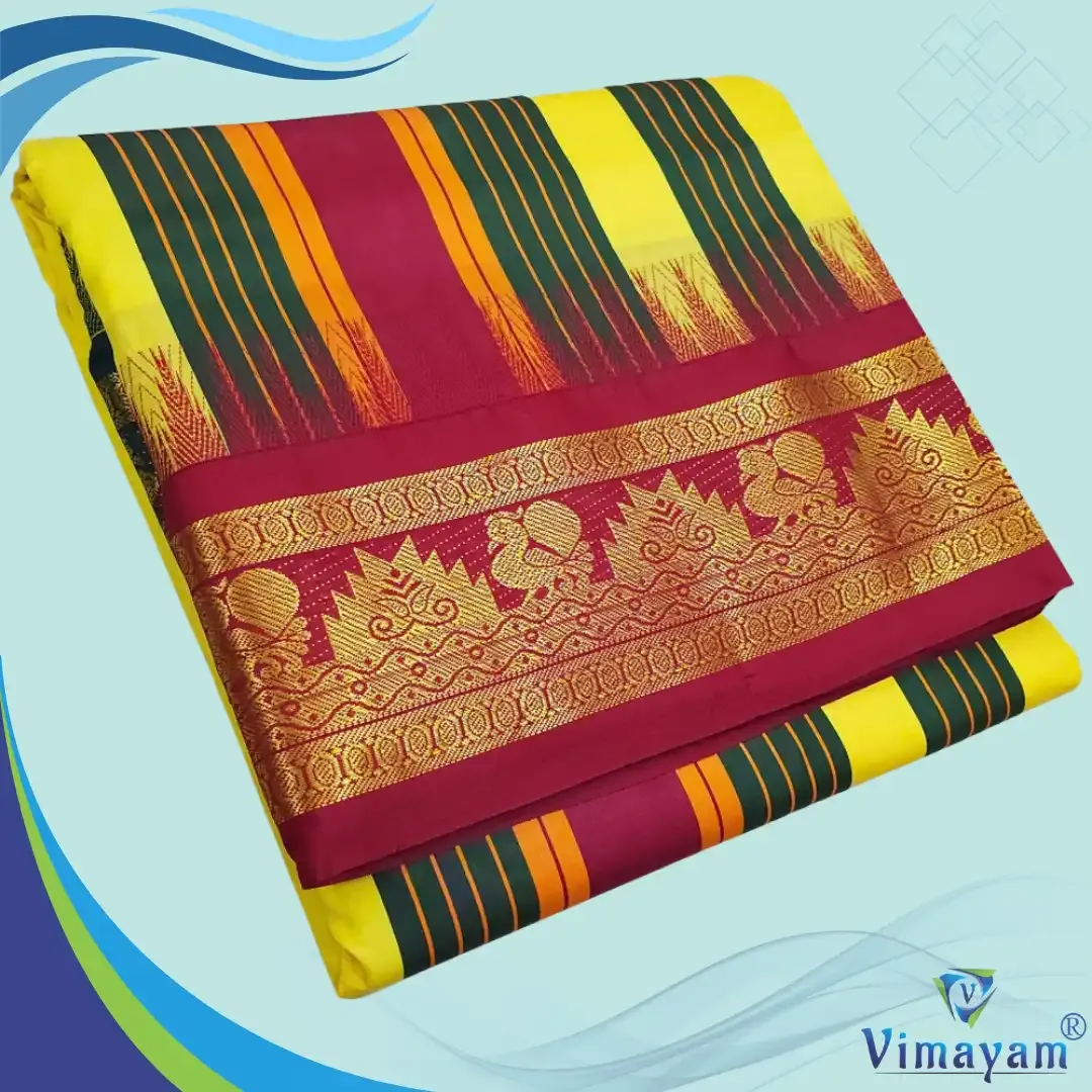 Tirupathi vasthiram 24X12 melchat - Yellow(Assorted Border designs) - Vimayam Dhoties