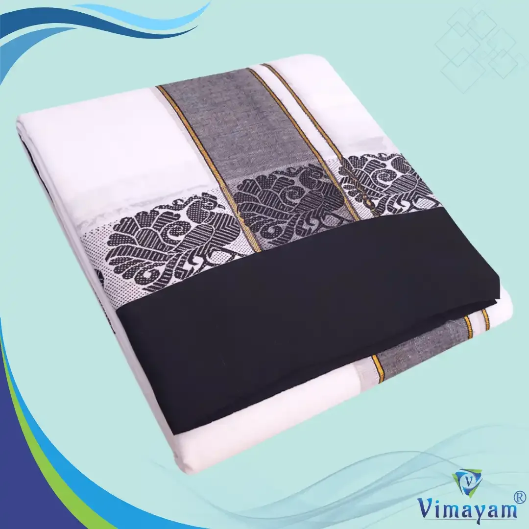 Black Border temple tower dhoti premium quality white dhoti - Assorted border designs - Vimayam Dhoties