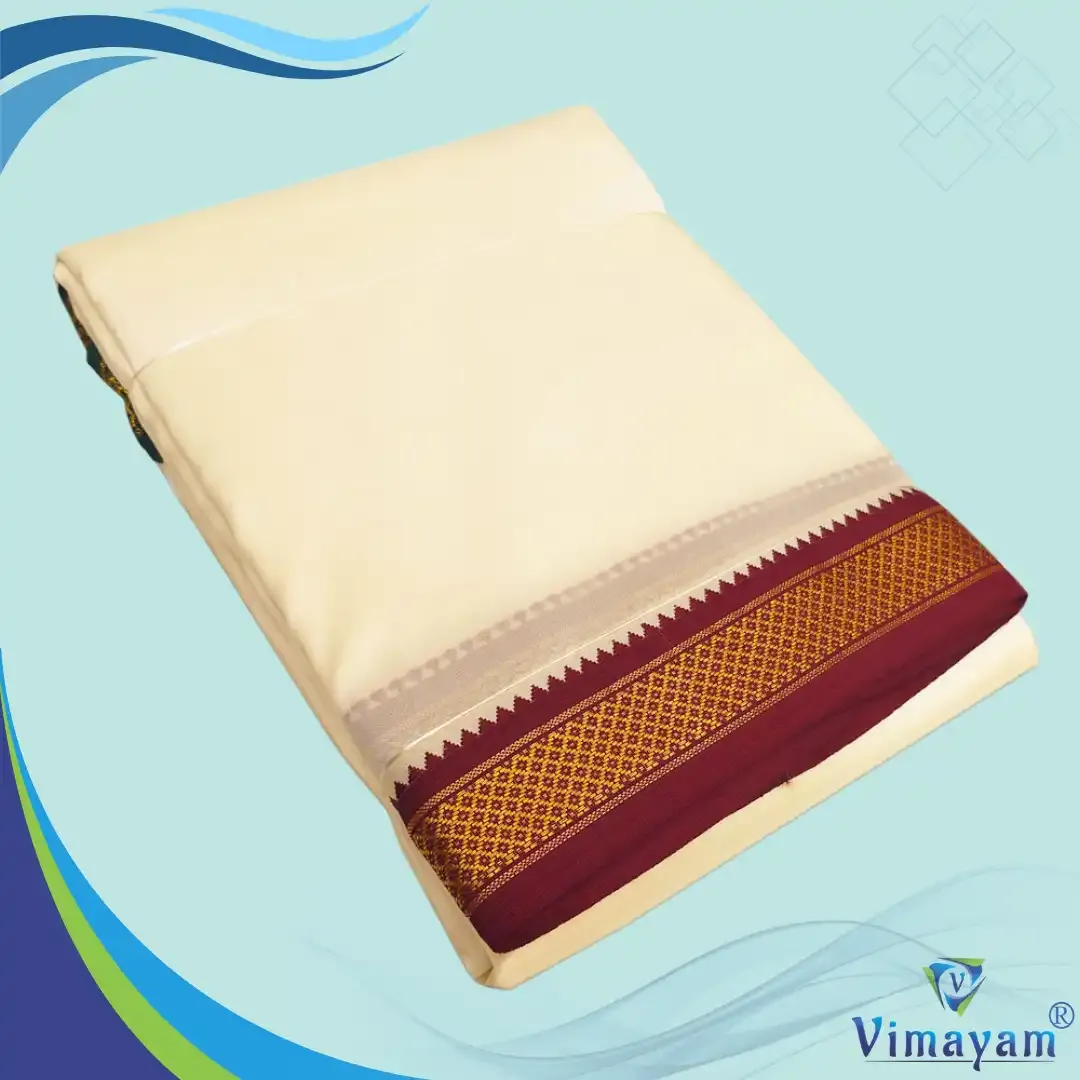 Art silk cream colour silk dhoti mayilkan dhoti - 5 Kan - Vimayam Dhoties