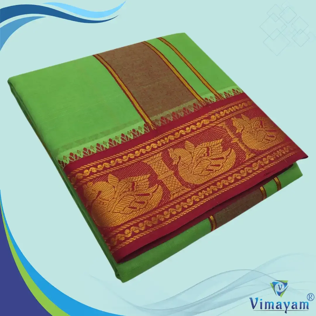 Parrot green colour premium quality dhoti towel - Assorted border colour and designs - Vimayam Dhoties