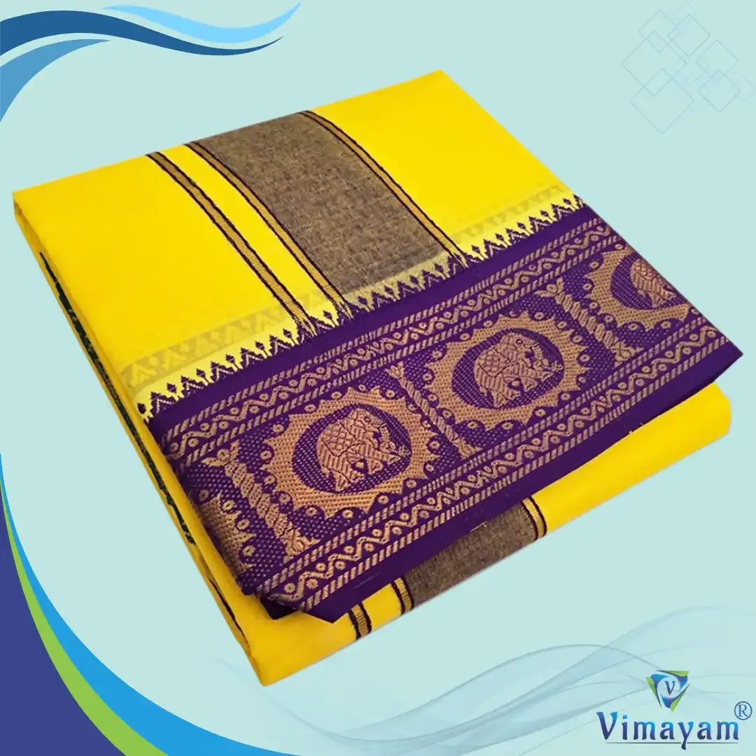 Yellow colour premium quality dhoti towel - Assorted border colour and designs – COLOUR DHOTIES | New Arrival | Vimayam Dhotis